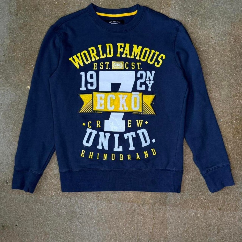 Ecko Unltd Mens XS Navy Blue Graphic Crewneck Sweatshirt World Famous Rhino Logo